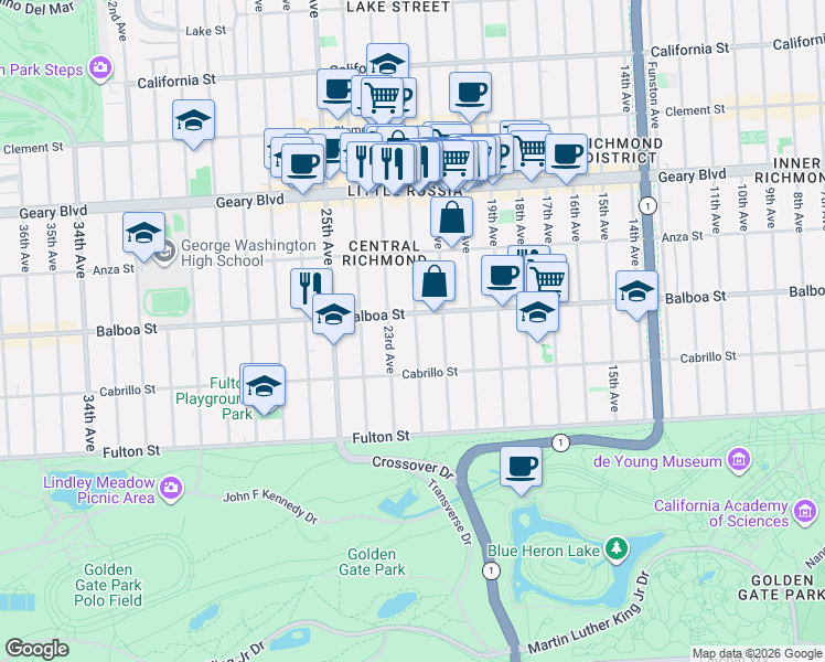map of restaurants, bars, coffee shops, grocery stores, and more near 622 22nd Avenue in San Francisco