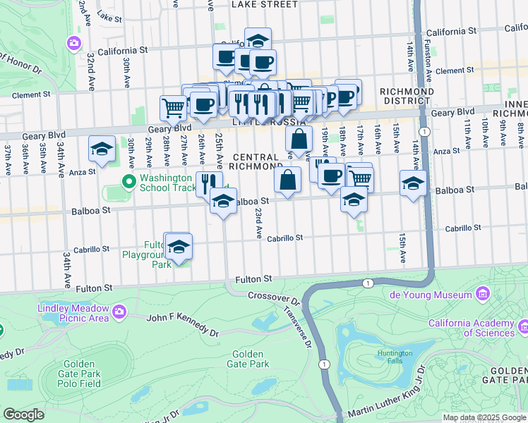 map of restaurants, bars, coffee shops, grocery stores, and more near 619 23rd Avenue in San Francisco