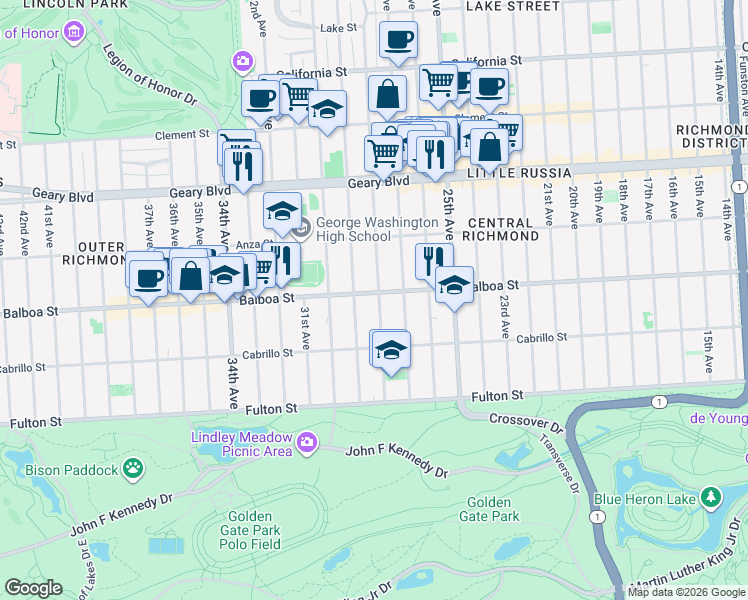 map of restaurants, bars, coffee shops, grocery stores, and more near 2745a Balboa Street in San Francisco