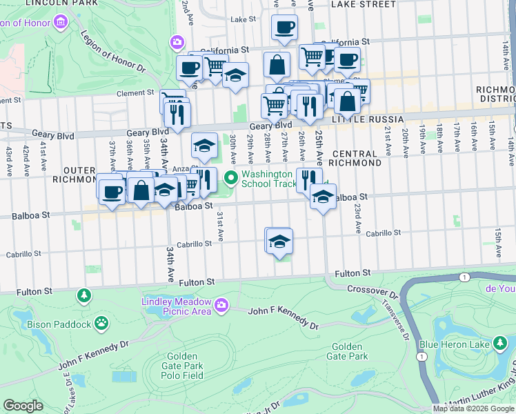 map of restaurants, bars, coffee shops, grocery stores, and more near 2745a Balboa Street in San Francisco