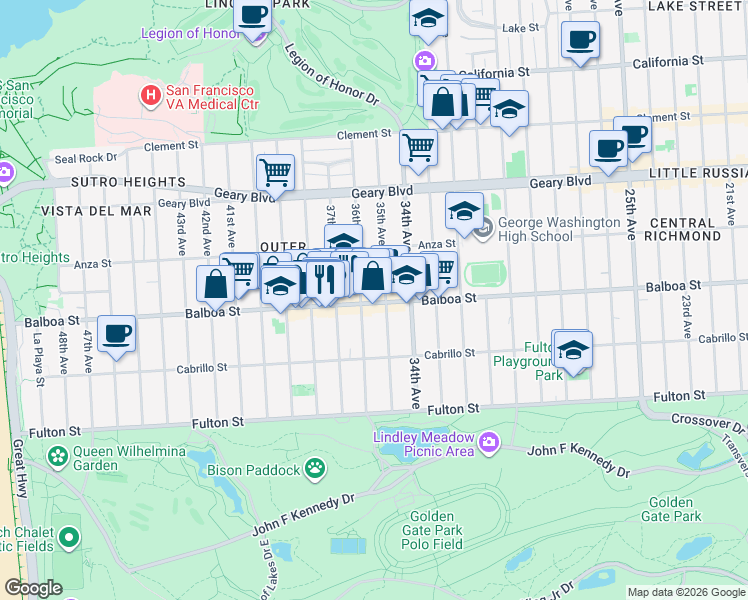 map of restaurants, bars, coffee shops, grocery stores, and more near 3446 Balboa Street in San Francisco