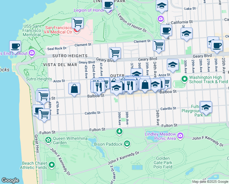 map of restaurants, bars, coffee shops, grocery stores, and more near 678 40th Avenue in San Francisco