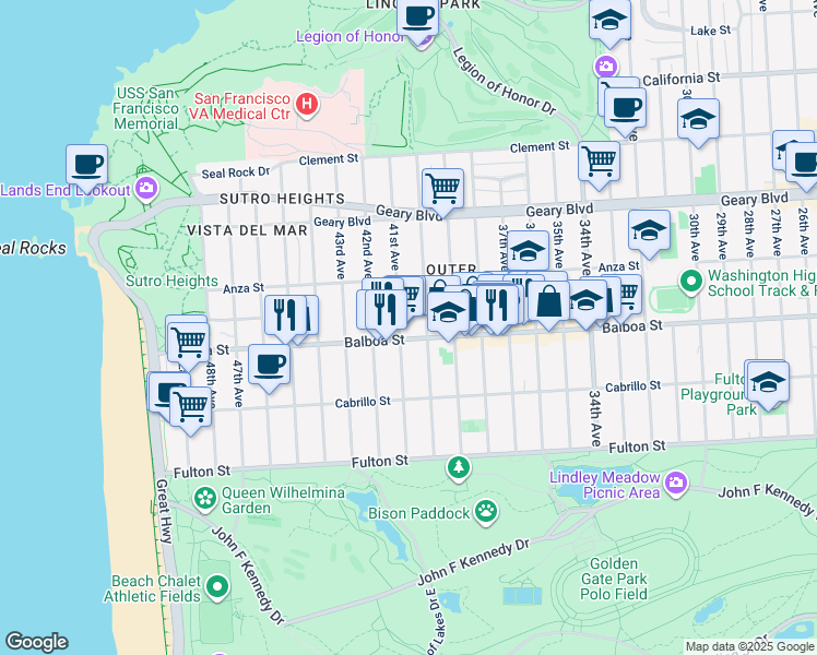 map of restaurants, bars, coffee shops, grocery stores, and more near 675 41st Avenue in San Francisco