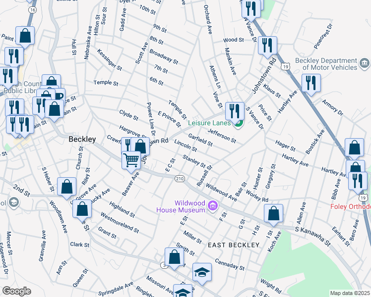 map of restaurants, bars, coffee shops, grocery stores, and more near 402 Mc Ginnis Street in Beckley