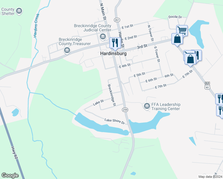map of restaurants, bars, coffee shops, grocery stores, and more near 518 Breckinridge Street in Hardinsburg