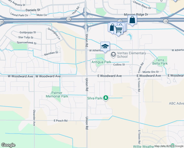 map of restaurants, bars, coffee shops, grocery stores, and more near 1150 Aften Court in Manteca