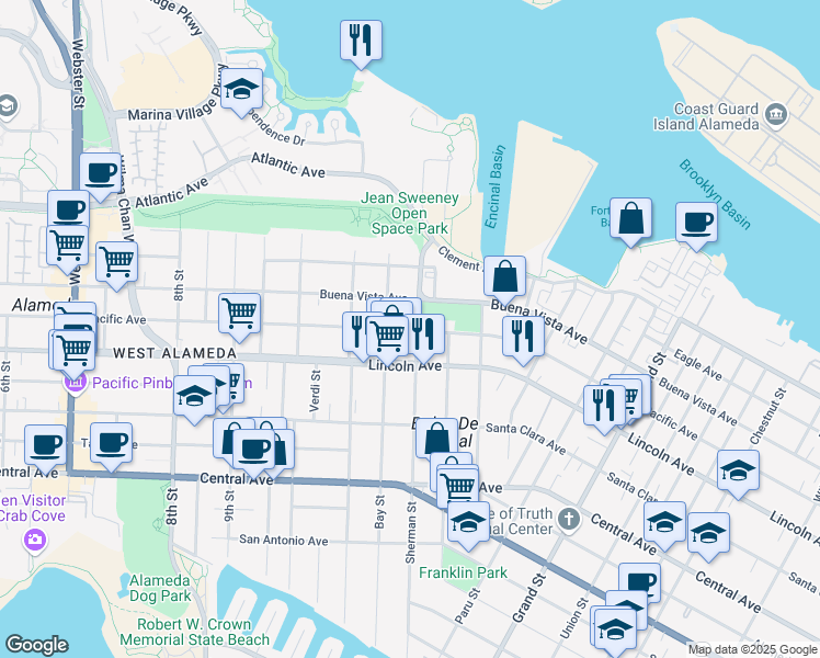 map of restaurants, bars, coffee shops, grocery stores, and more near 1703 Sherman Street in Alameda