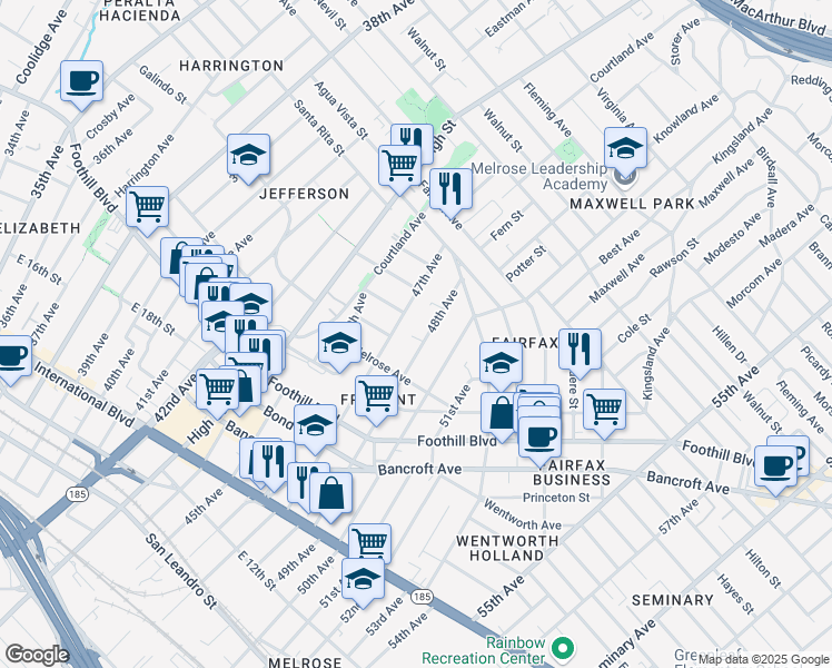 map of restaurants, bars, coffee shops, grocery stores, and more near 2169 48th Avenue in Oakland