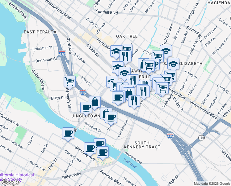 map of restaurants, bars, coffee shops, grocery stores, and more near 3004 East 9th Street in Oakland