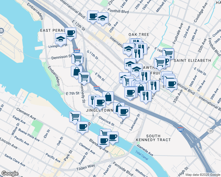 map of restaurants, bars, coffee shops, grocery stores, and more near 2851 E 9th St in Oakland
