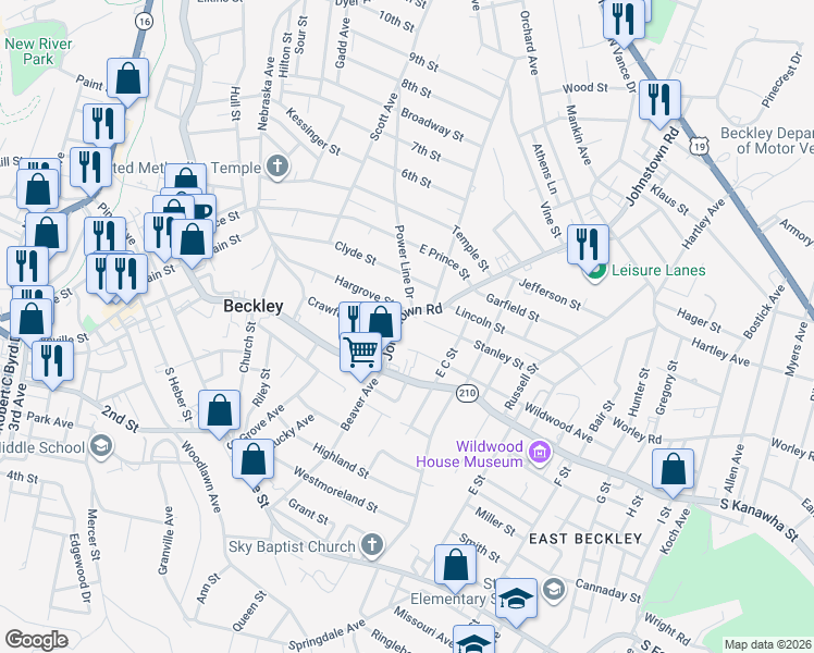 map of restaurants, bars, coffee shops, grocery stores, and more near 94-98 Stanley Street in Beckley
