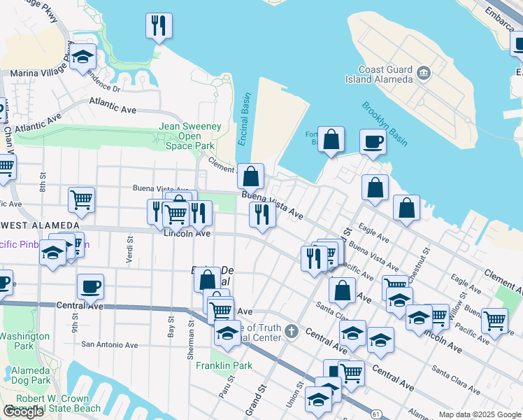 map of restaurants, bars, coffee shops, grocery stores, and more near 1711 Arbor Street in Alameda
