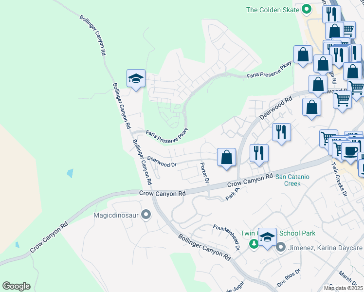 map of restaurants, bars, coffee shops, grocery stores, and more near 310 Hillcrest Court in San Ramon