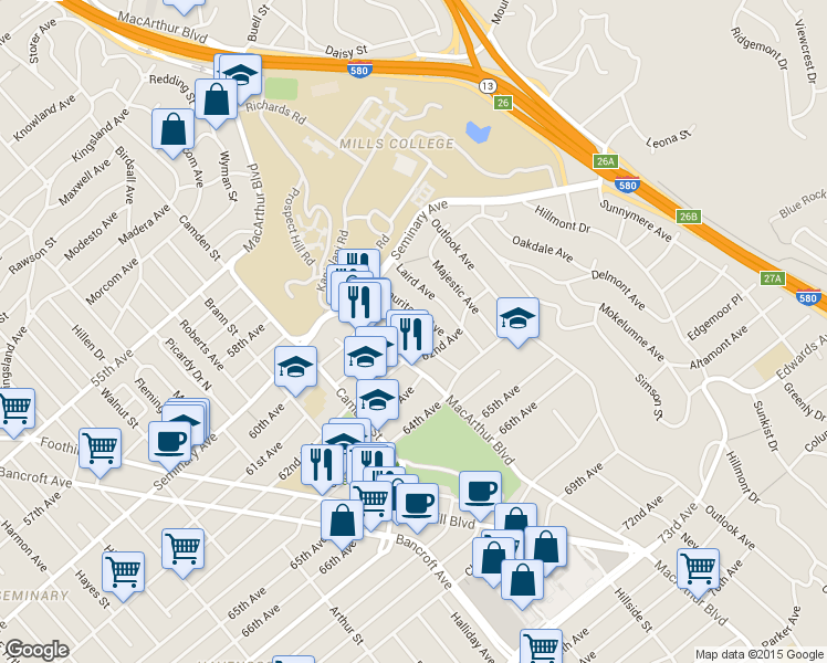 map of restaurants, bars, coffee shops, grocery stores, and more near 6130 Monadnock Way in Oakland