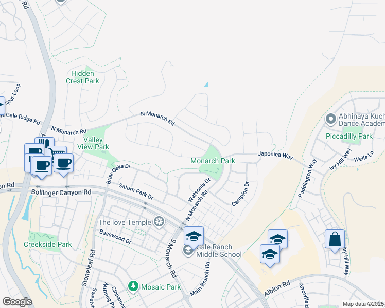 map of restaurants, bars, coffee shops, grocery stores, and more near 2127 Feathermint Drive in San Ramon