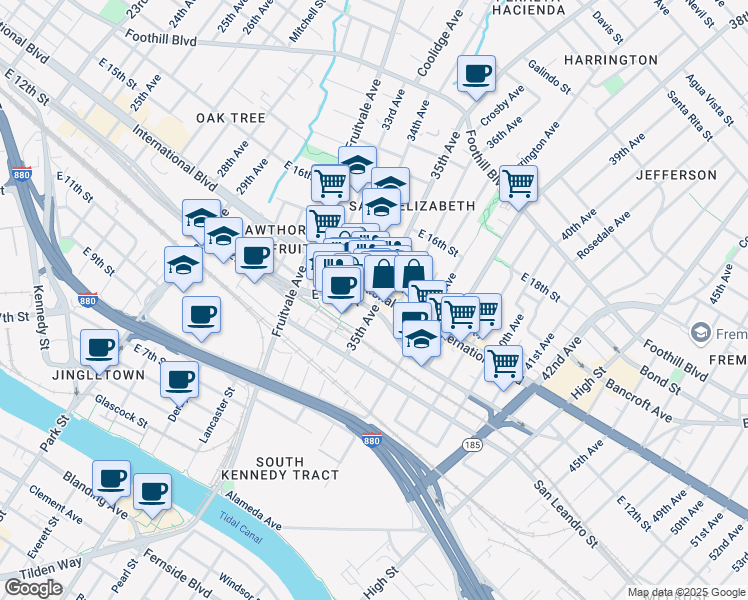 map of restaurants, bars, coffee shops, grocery stores, and more near in Oakland