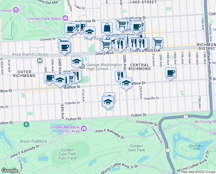 map of restaurants, bars, coffee shops, grocery stores, and more near 2631 Balboa Street in San Francisco