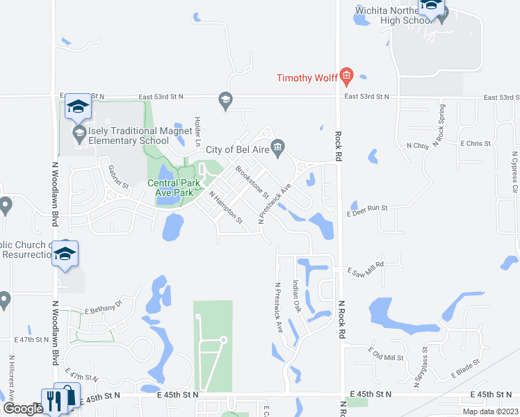 map of restaurants, bars, coffee shops, grocery stores, and more near 5102 North Remington Street in Bel Aire