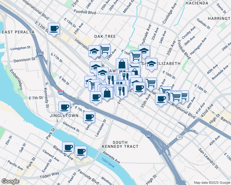 map of restaurants, bars, coffee shops, grocery stores, and more near in Oakland
