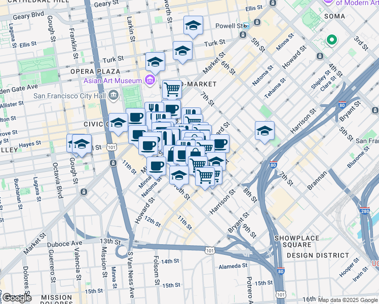 map of restaurants, bars, coffee shops, grocery stores, and more near 765 Minna Street in San Francisco