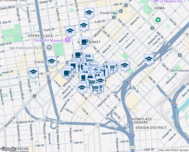 map of restaurants, bars, coffee shops, grocery stores, and more near 1201 Howard Street in San Francisco
