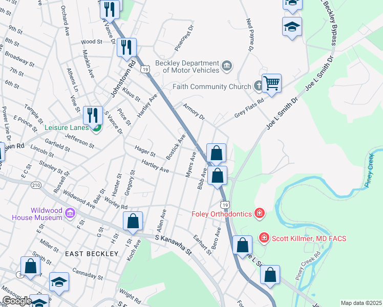 map of restaurants, bars, coffee shops, grocery stores, and more near 421 Myers Avenue in Beckley
