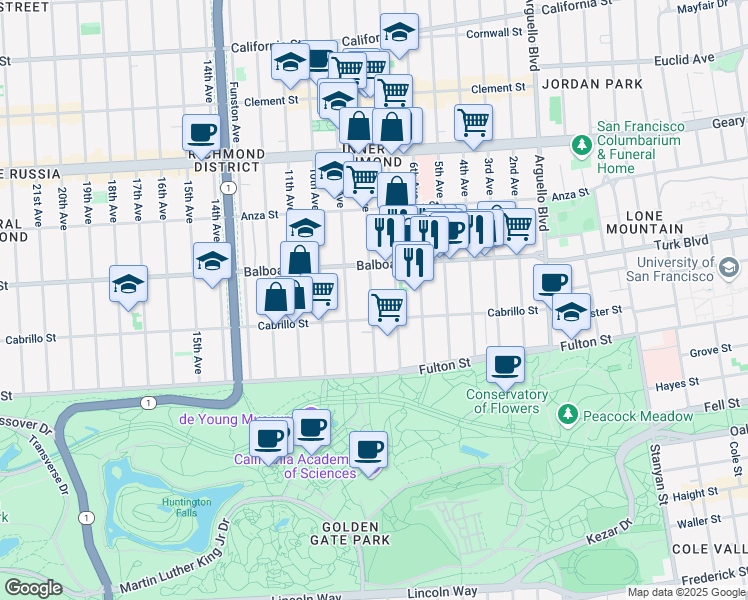 map of restaurants, bars, coffee shops, grocery stores, and more near 664a 8th Avenue in San Francisco