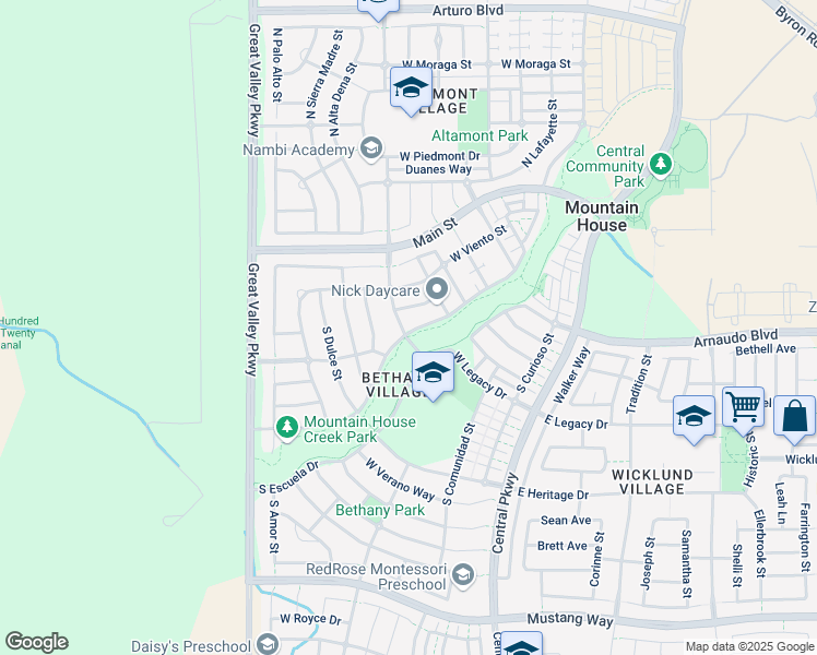 map of restaurants, bars, coffee shops, grocery stores, and more near 499 West Las Brisas Drive in Mountain House