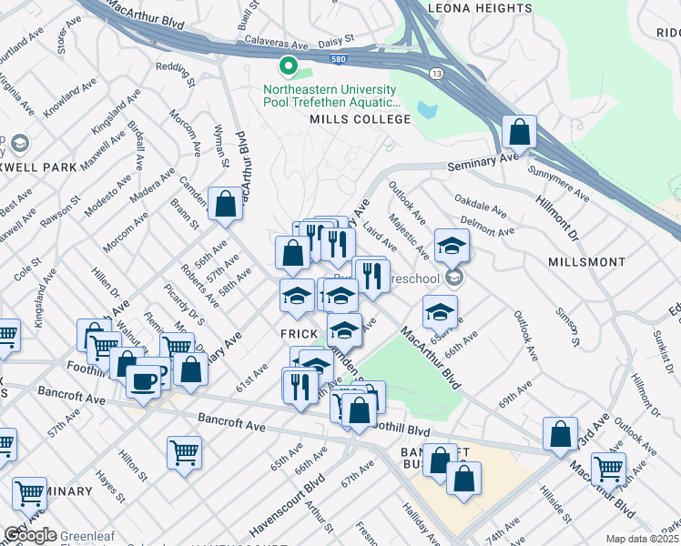 map of restaurants, bars, coffee shops, grocery stores, and more near 6016 MacArthur Boulevard in Oakland