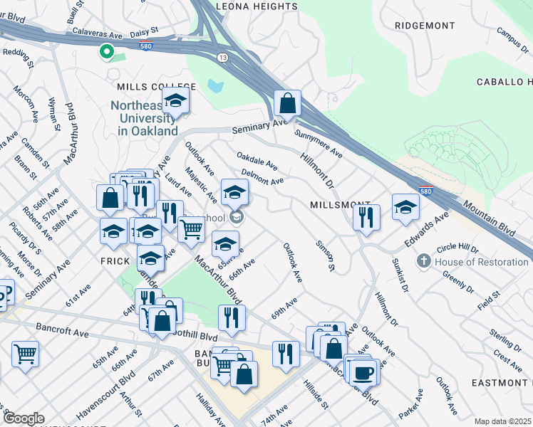 map of restaurants, bars, coffee shops, grocery stores, and more near 6471 Buena Ventura Avenue in Oakland