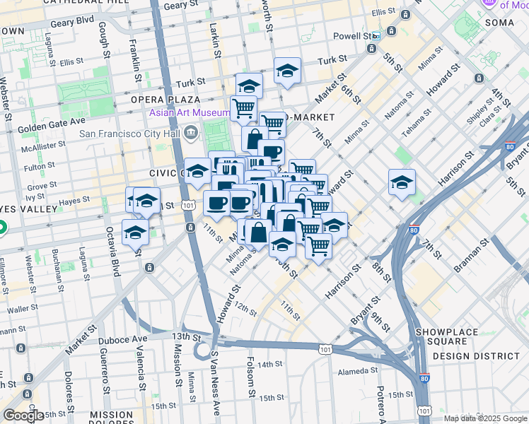 map of restaurants, bars, coffee shops, grocery stores, and more near 1321 Mission Street in San Francisco
