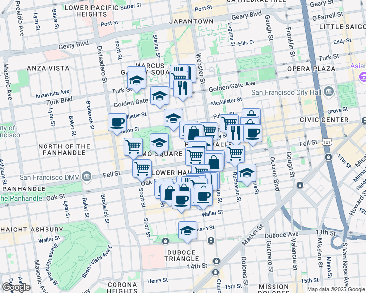 map of restaurants, bars, coffee shops, grocery stores, and more near 942 Hayes Street in San Francisco