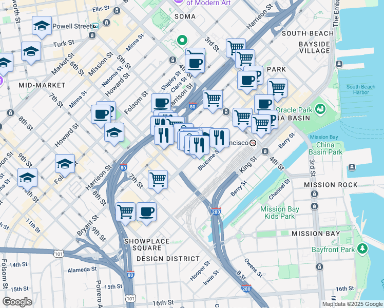 map of restaurants, bars, coffee shops, grocery stores, and more near 660 Brannan Street in San Francisco