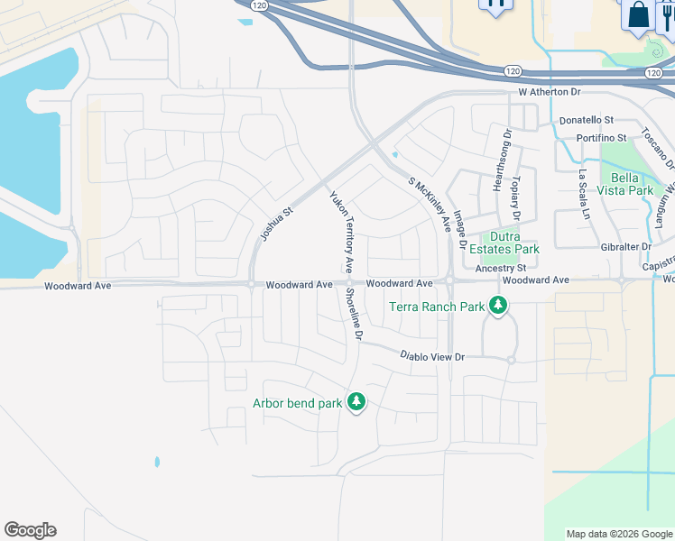 map of restaurants, bars, coffee shops, grocery stores, and more near 2950 Woodward Avenue in Manteca