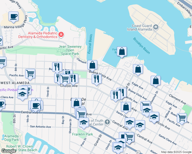 map of restaurants, bars, coffee shops, grocery stores, and more near 1711 Arbor Street in Alameda