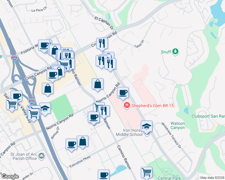 map of restaurants, bars, coffee shops, grocery stores, and more near 4704 Norris Canyon Road in San Ramon