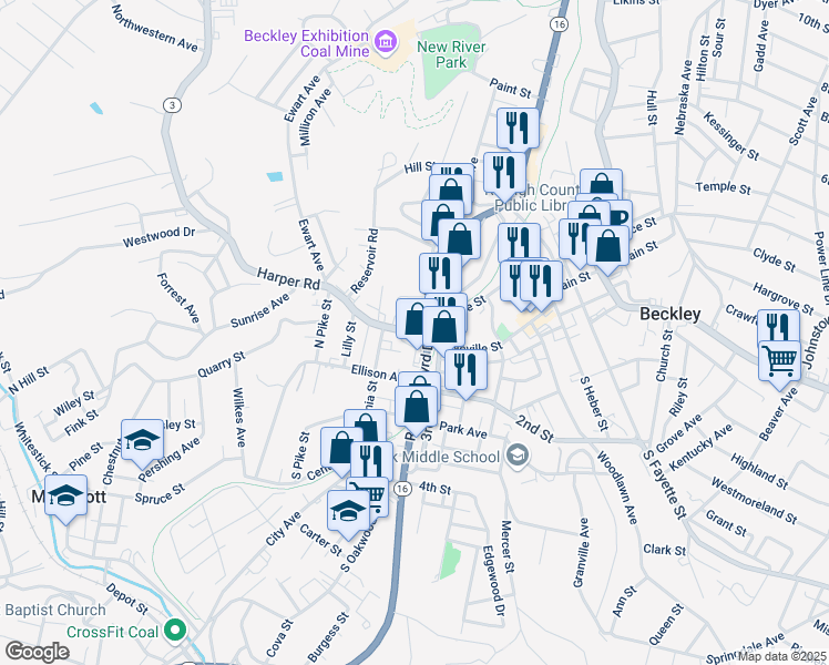 map of restaurants, bars, coffee shops, grocery stores, and more near 2905 Robert C Byrd Drive in Beckley