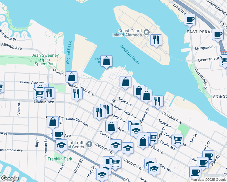 map of restaurants, bars, coffee shops, grocery stores, and more near 1661 Ellen Craig Avenue in Alameda