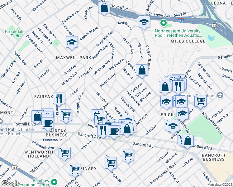 map of restaurants, bars, coffee shops, grocery stores, and more near 2841 55th Ave in Oakland