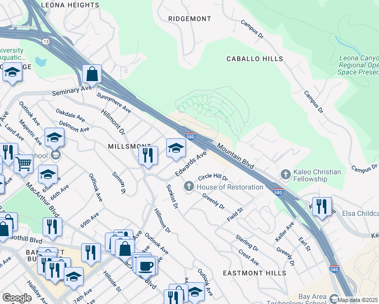 map of restaurants, bars, coffee shops, grocery stores, and more near 4040 Burckhalter Avenue in Oakland