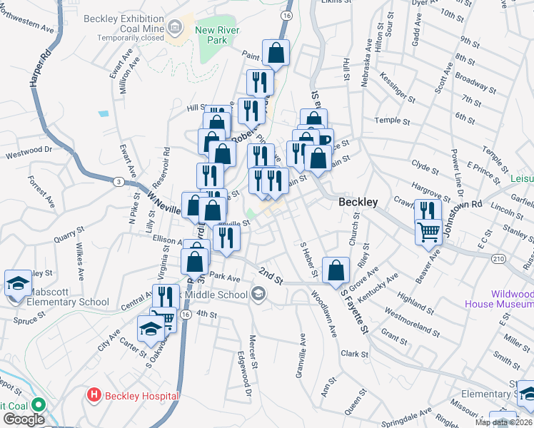 map of restaurants, bars, coffee shops, grocery stores, and more near 400 Neville Street in Beckley
