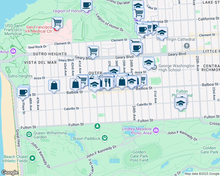 map of restaurants, bars, coffee shops, grocery stores, and more near 698-654 37th Avenue in San Francisco