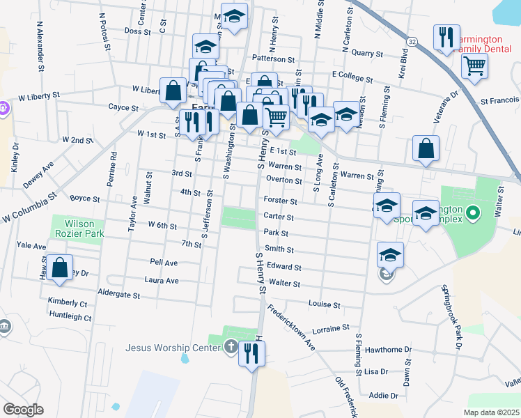 map of restaurants, bars, coffee shops, grocery stores, and more near 101 Carter Street in Farmington