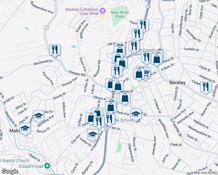 map of restaurants, bars, coffee shops, grocery stores, and more near 2905 Robert C Byrd Drive in Beckley