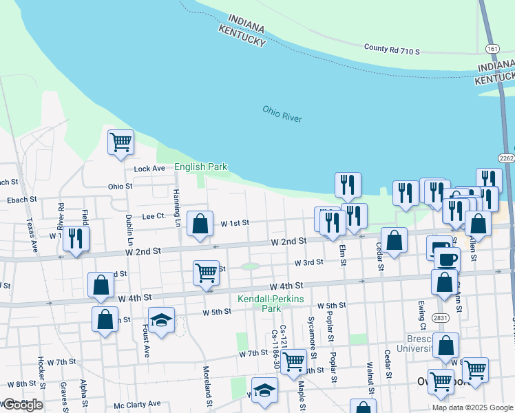 map of restaurants, bars, coffee shops, grocery stores, and more near 26 Plum Street in Owensboro