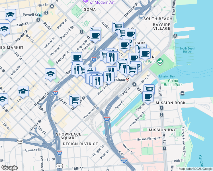 map of restaurants, bars, coffee shops, grocery stores, and more near 5th St & Bluxome St in San Francisco