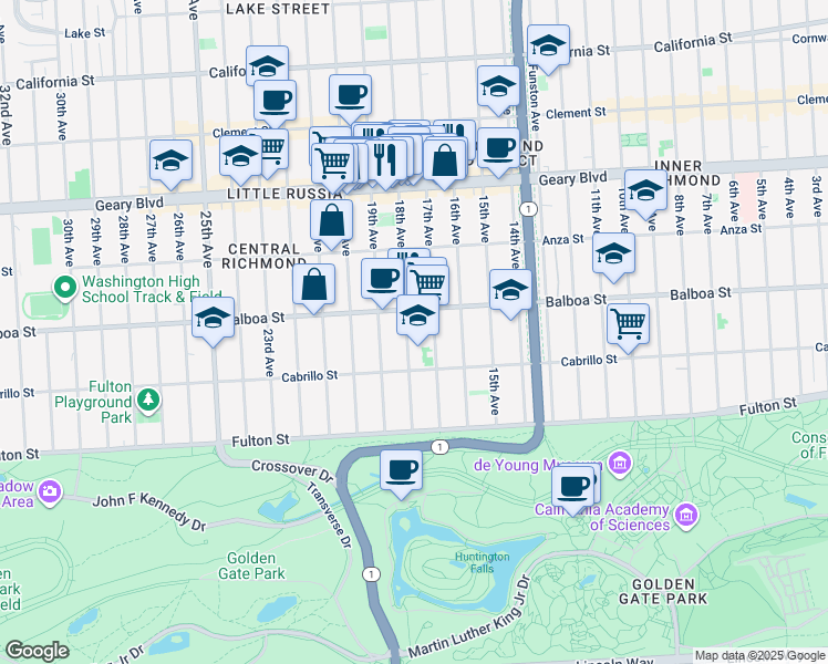 map of restaurants, bars, coffee shops, grocery stores, and more near 634 18th Avenue in San Francisco