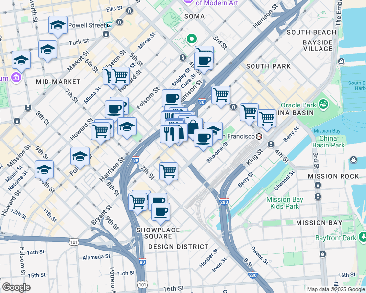 map of restaurants, bars, coffee shops, grocery stores, and more near 150 Morris St in San Francisco