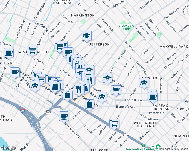 map of restaurants, bars, coffee shops, grocery stores, and more near 1975 Courtland Avenue in Oakland