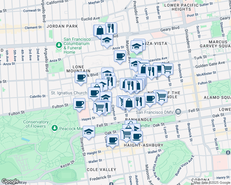map of restaurants, bars, coffee shops, grocery stores, and more near 25 Loyola Terrace in San Francisco